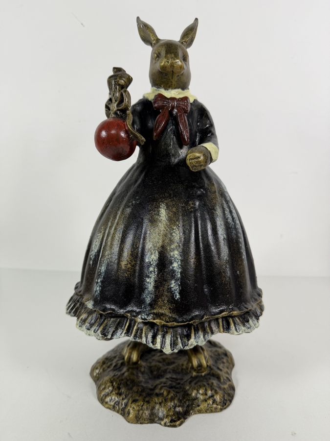 Modern Whimsical Anthropomorphic Cold Painted Cast Iron Female Rabbit Figurine Holding A Red Apple 14H [Photo 2]