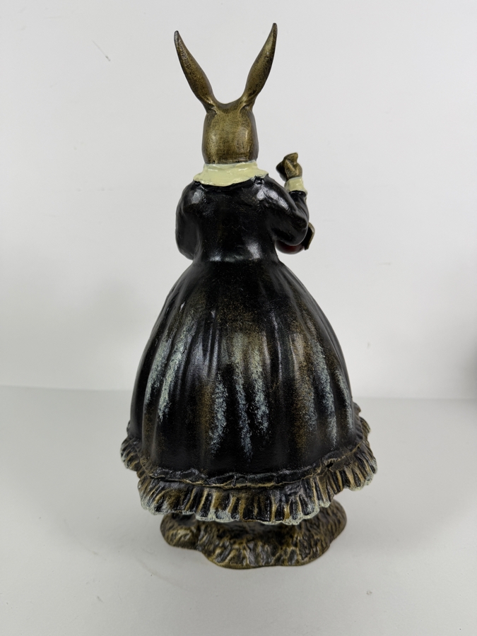 Modern Whimsical Anthropomorphic Cold Painted Cast Iron Female Rabbit Figurine Holding A Red Apple 14H [Photo 4]