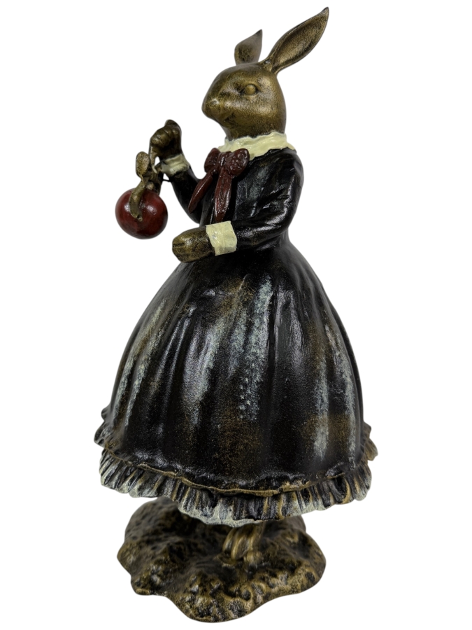 Modern Whimsical Anthropomorphic Cold Painted Cast Iron Female Rabbit Figurine Holding A Red Apple 14H