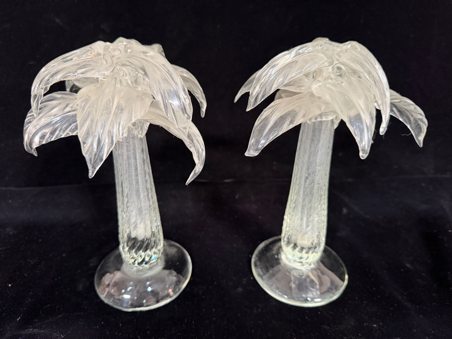 Two Vintage Carlo Moretti Murano Signed Clear Art Glass Palm Tree Figurine Candlestick Holders Pair 8.5H [Photo 3]