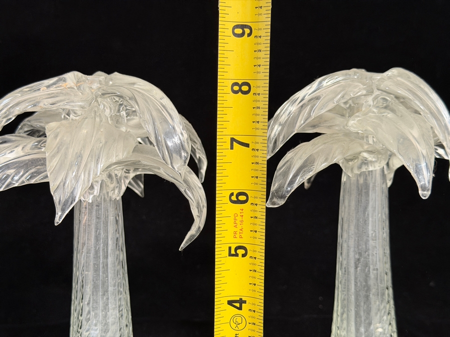 Two Vintage Carlo Moretti Murano Signed Clear Art Glass Palm Tree Figurine Candlestick Holders Pair 8.5H [Photo 7]