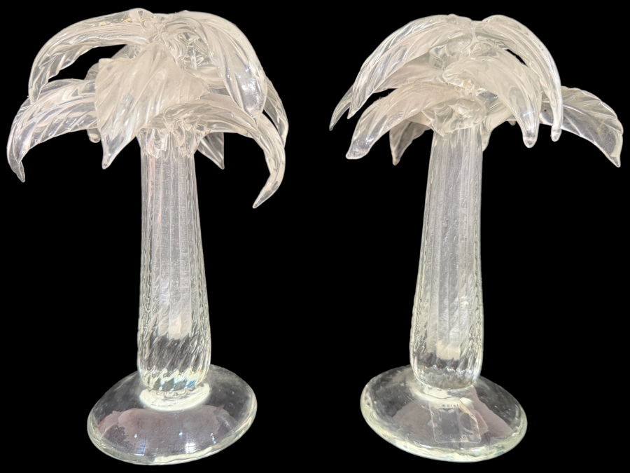 Two Vintage Carlo Moretti Murano Signed Clear Art Glass Palm Tree Figurine Candlestick Holders Pair 8.5H