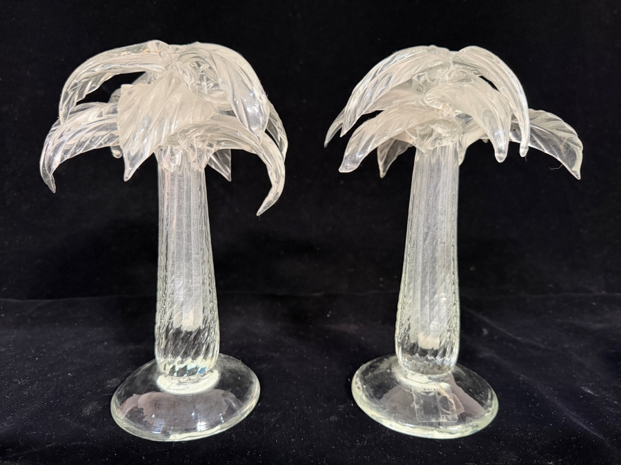 Two Vintage Carlo Moretti Murano Signed Clear Art Glass Palm Tree Figurine Candlestick Holders Pair 8.5H [Photo 2]