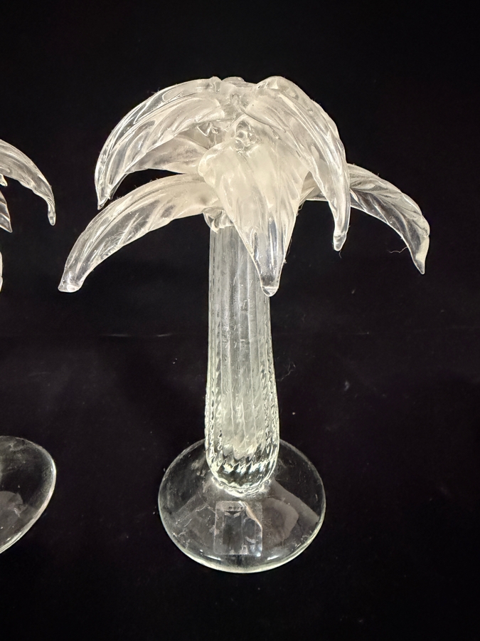 Two Vintage Carlo Moretti Murano Signed Clear Art Glass Palm Tree Figurine Candlestick Holders Pair 8.5H [Photo 4]