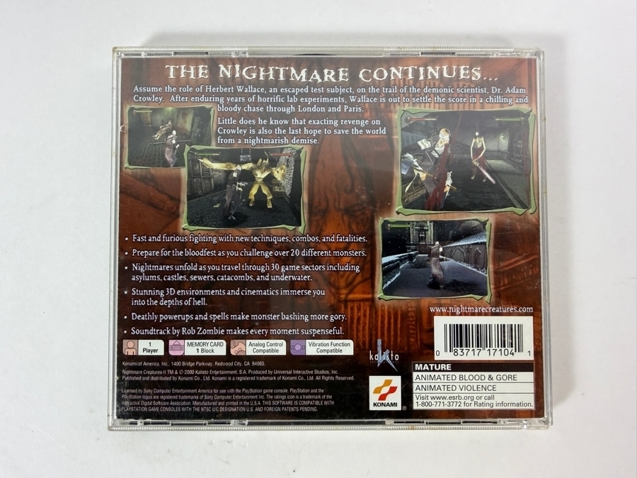 Nightmare Creatures II Sony PlayStation 1 PS1 Original Black Label Jewel Case Edition Complete In Box CIB Vintage Survival Horror Video Game SLUS-01112 Estimate $95 - $150 [Photo 3]