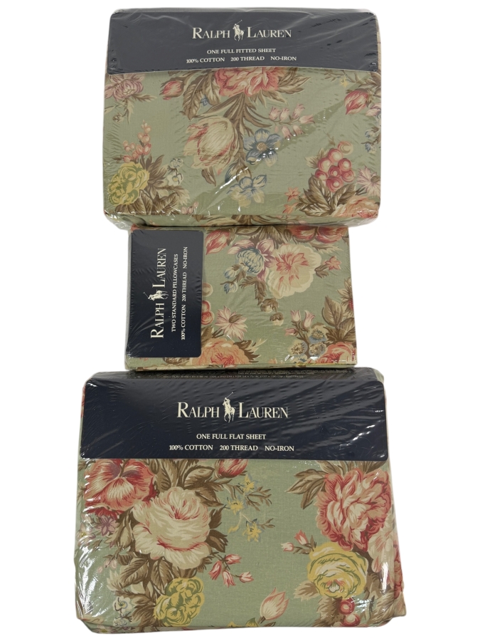 New In Package Vintage Ralph Lauren Charlotte Sage Green Floral Chintz Full Size Sheet Set