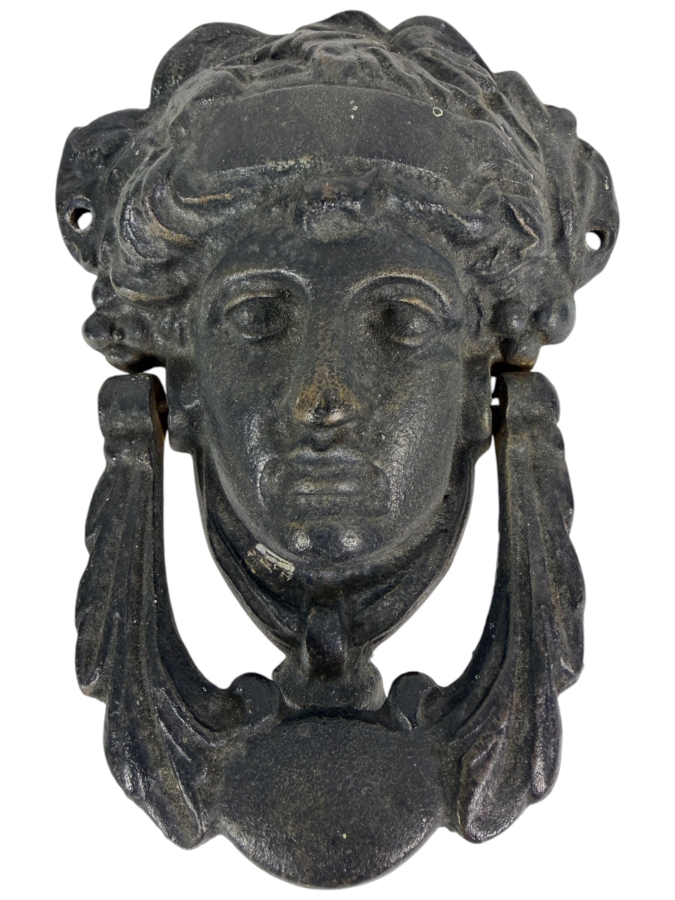 Vintage Neoclassical Cast Iron Greek Goddess Athena Medusa Front Door Knocker Hardware 7H