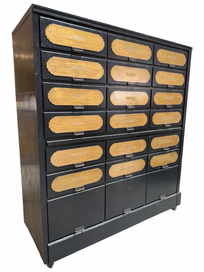 Vintage Industrial Painted Multi Drawer Apothecary Map File Cabinet On Casters 50W X 20D X 56H