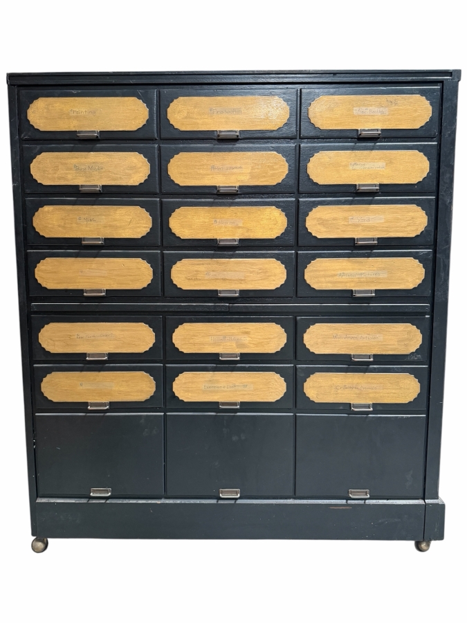 Vintage Industrial Painted Multi Drawer Apothecary Map File Cabinet On Casters 50W X 20D X 56H [Photo 2]