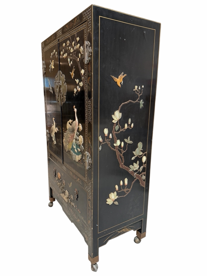 Stunning Vintage Chinese Black Lacquer Jewelry Wedding Bar Cabinet Mother Of Pearl Soapstone Peacock Relief 33W X 17D X 56H [Photo 2]
