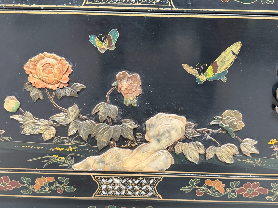 Stunning Vintage Chinese Black Lacquer Jewelry Wedding Bar Cabinet Mother Of Pearl Soapstone Peacock Relief 33W X 17D X 56H [Photo 8]