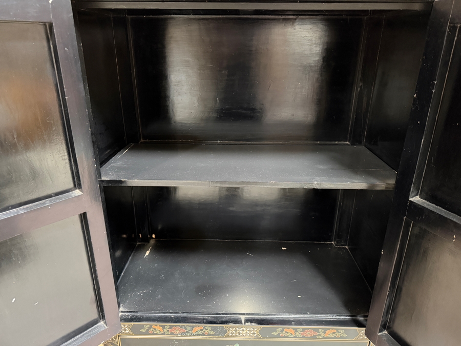 Stunning Vintage Chinese Black Lacquer Jewelry Wedding Bar Cabinet Mother Of Pearl Soapstone Peacock Relief 33W X 17D X 56H [Photo 12]