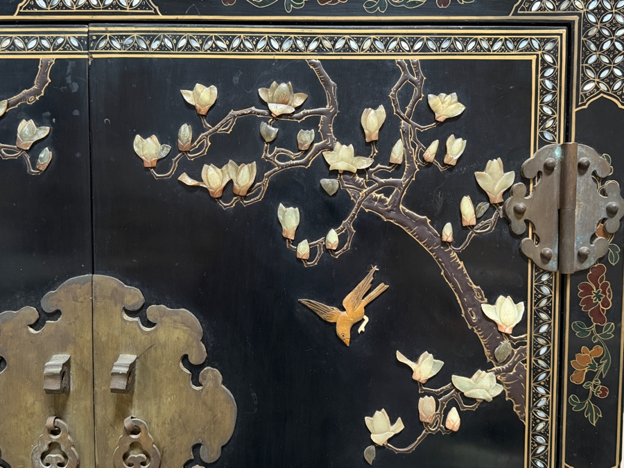 Stunning Vintage Chinese Black Lacquer Jewelry Wedding Bar Cabinet Mother Of Pearl Soapstone Peacock Relief 33W X 17D X 56H [Photo 7]