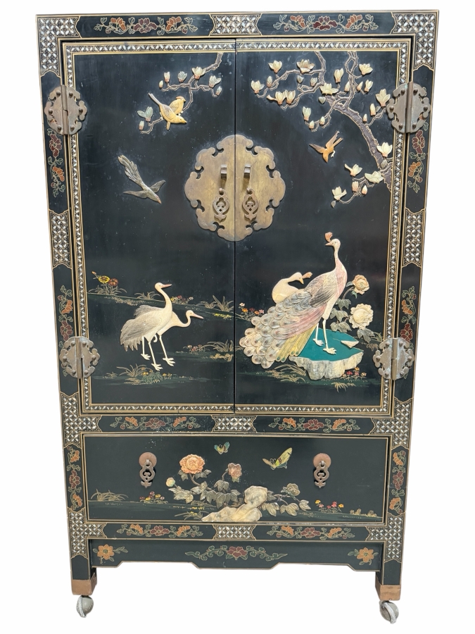Stunning Vintage Chinese Black Lacquer Jewelry Wedding Bar Cabinet Mother Of Pearl Soapstone Peacock Relief 33W X 17D X 56H