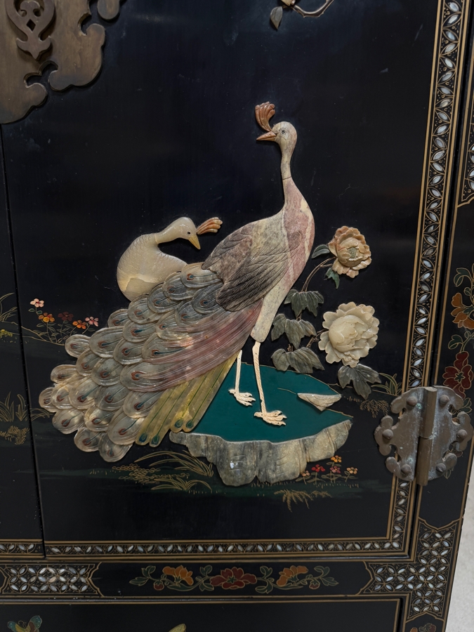 Stunning Vintage Chinese Black Lacquer Jewelry Wedding Bar Cabinet Mother Of Pearl Soapstone Peacock Relief 33W X 17D X 56H [Photo 3]