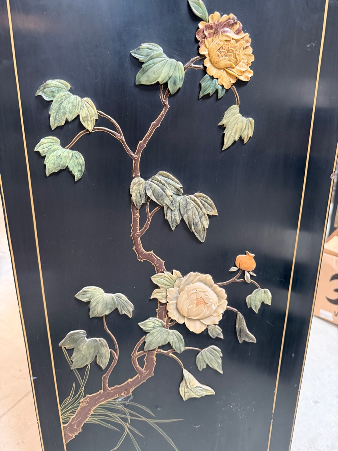 Stunning Vintage Chinese Black Lacquer Jewelry Wedding Bar Cabinet Mother Of Pearl Soapstone Peacock Relief 33W X 17D X 56H [Photo 11]