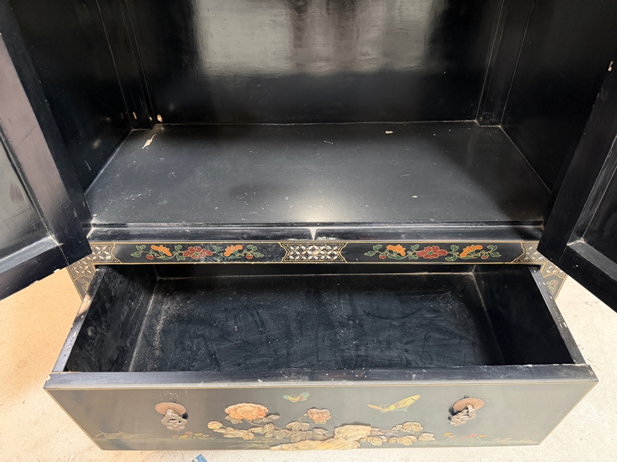 Stunning Vintage Chinese Black Lacquer Jewelry Wedding Bar Cabinet Mother Of Pearl Soapstone Peacock Relief 33W X 17D X 56H [Photo 13]