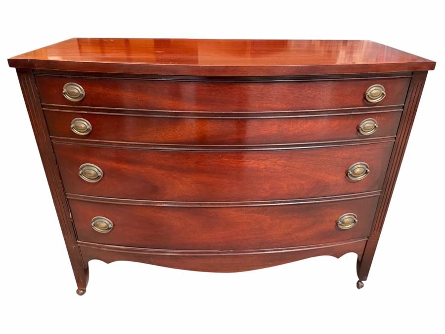 Vintage Dixie Furniture Mahogany Bowfront Bureau Chest Of Drawers Federal Style Dresser On Casters 46W X 21D X 36H [Photo 2]