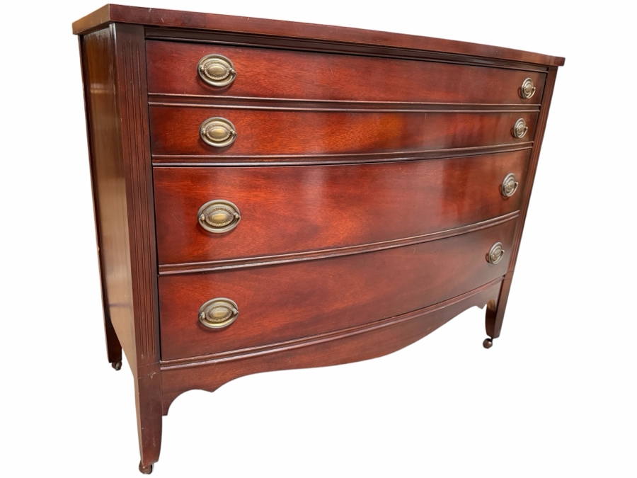 Vintage Dixie Furniture Mahogany Bowfront Bureau Chest Of Drawers Federal Style Dresser On Casters 46W X 21D X 36H [Photo 3]