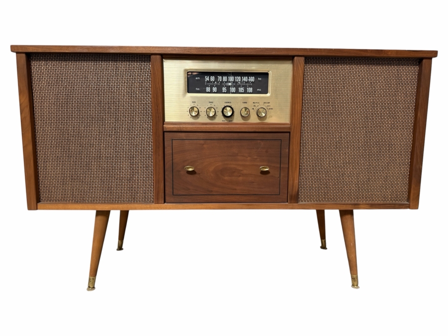 Mid Century Modern Walnut Tube Amplifier AM FM Radio Receiver Stereo Console On Tapered Legs - Needs Servicing 48W X 16D X 29.5H