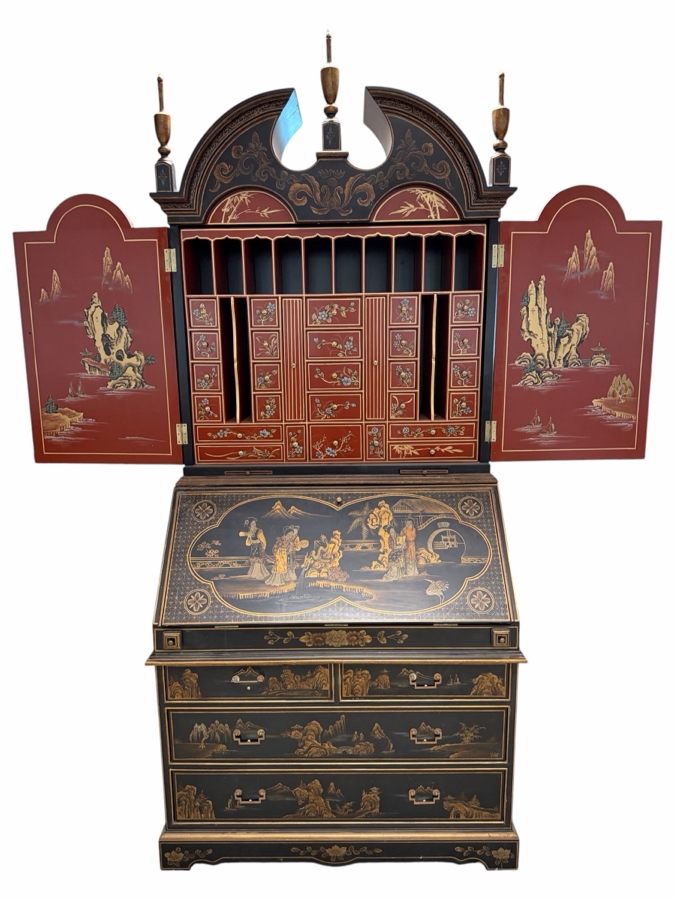 Stunning Vintage Chinese Black Lacquer Chinoiserie Drop Front Bookcase Secretary Bureau Cabinet 39W X 22D X 95H [Photo 2]