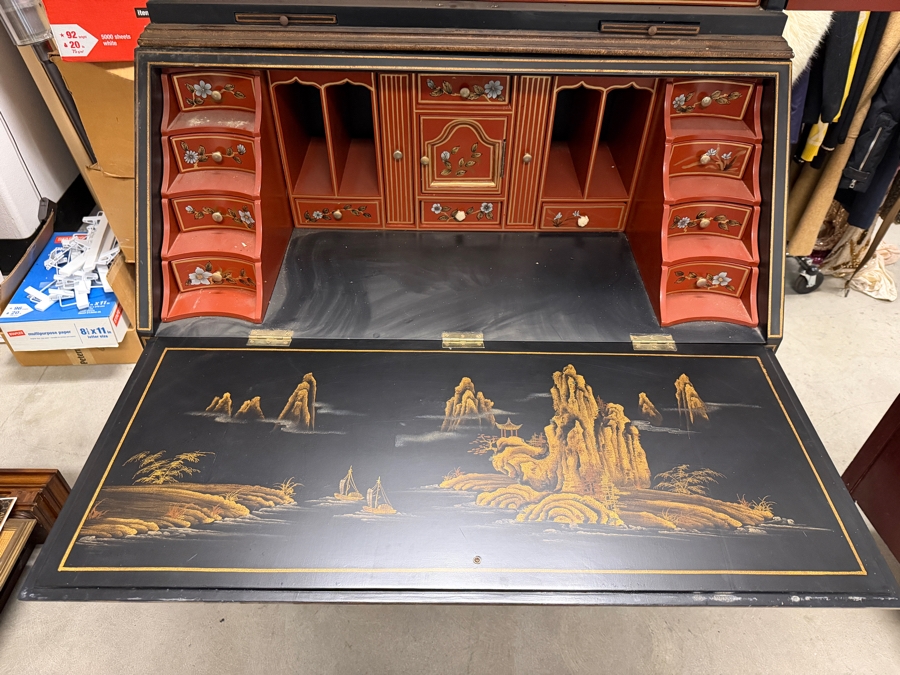 Stunning Vintage Chinese Black Lacquer Chinoiserie Drop Front Bookcase Secretary Bureau Cabinet 39W X 22D X 95H [Photo 6]
