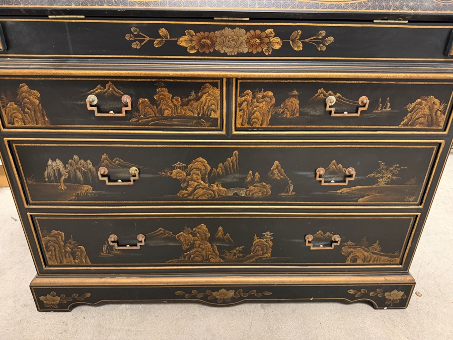 Stunning Vintage Chinese Black Lacquer Chinoiserie Drop Front Bookcase Secretary Bureau Cabinet 39W X 22D X 95H [Photo 8]