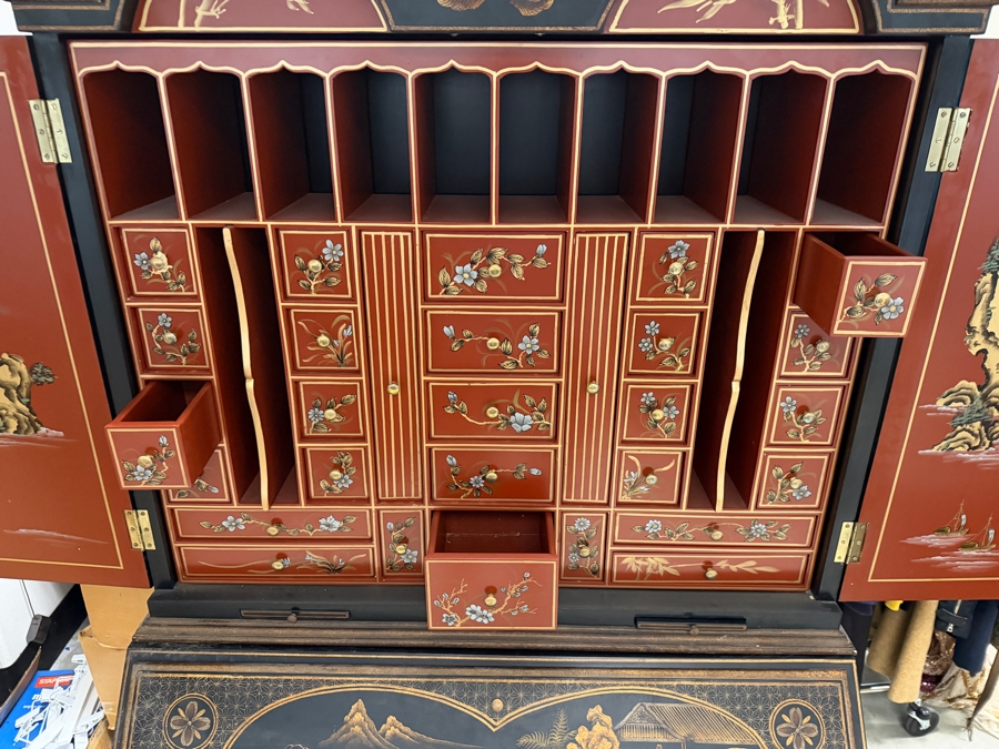 Stunning Vintage Chinese Black Lacquer Chinoiserie Drop Front Bookcase Secretary Bureau Cabinet 39W X 22D X 95H [Photo 10]