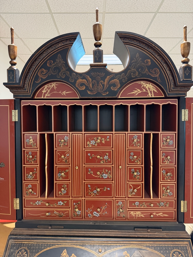 Stunning Vintage Chinese Black Lacquer Chinoiserie Drop Front Bookcase Secretary Bureau Cabinet 39W X 22D X 95H [Photo 9]