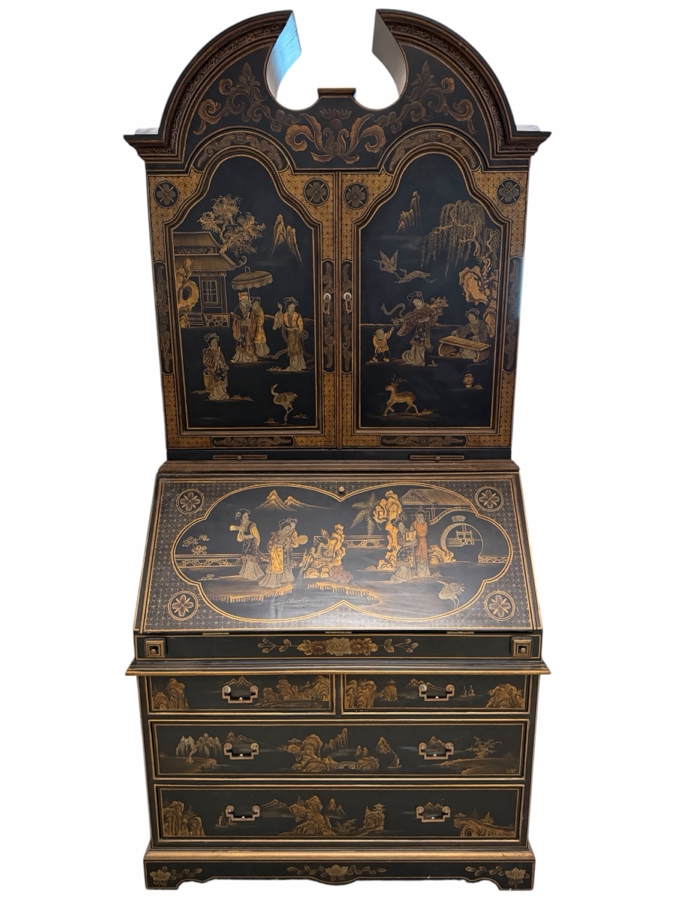 Stunning Vintage Chinese Black Lacquer Chinoiserie Drop Front Bookcase Secretary Bureau Cabinet 39W X 22D X 95H [Photo 4]