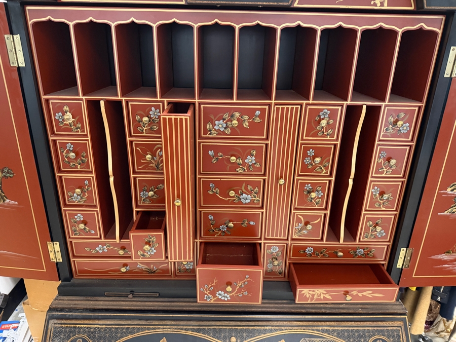 Stunning Vintage Chinese Black Lacquer Chinoiserie Drop Front Bookcase Secretary Bureau Cabinet 39W X 22D X 95H [Photo 5]
