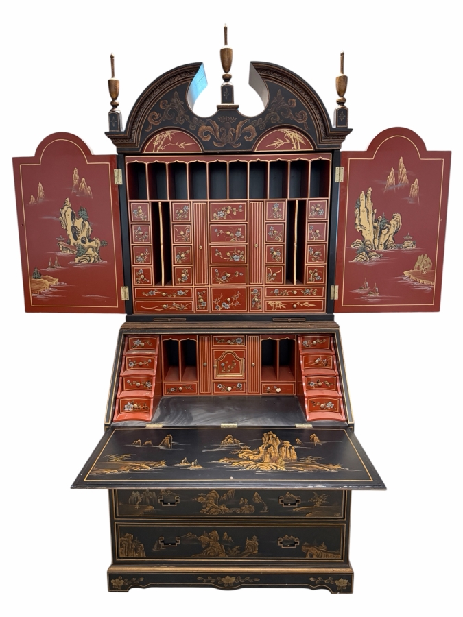 Stunning Vintage Chinese Black Lacquer Chinoiserie Drop Front Bookcase Secretary Bureau Cabinet 39W X 22D X 95H