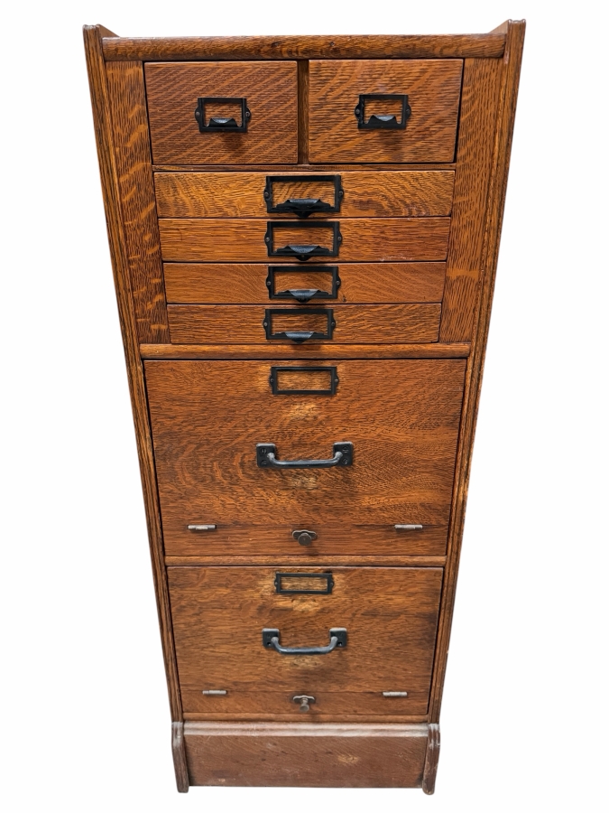 Just Added - Antique Antique Mission Style Tiger Oak Combination Index Document Filing Cabinet 17W X 21D X 45.5H