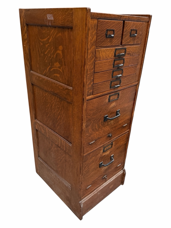 Just Added - Antique Antique Mission Style Tiger Oak Combination Index Document Filing Cabinet 17W X 21D X 45.5H [Photo 2]