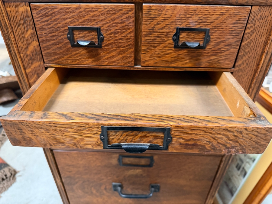 Just Added - Antique Antique Mission Style Tiger Oak Combination Index Document Filing Cabinet 17W X 21D X 45.5H [Photo 5]