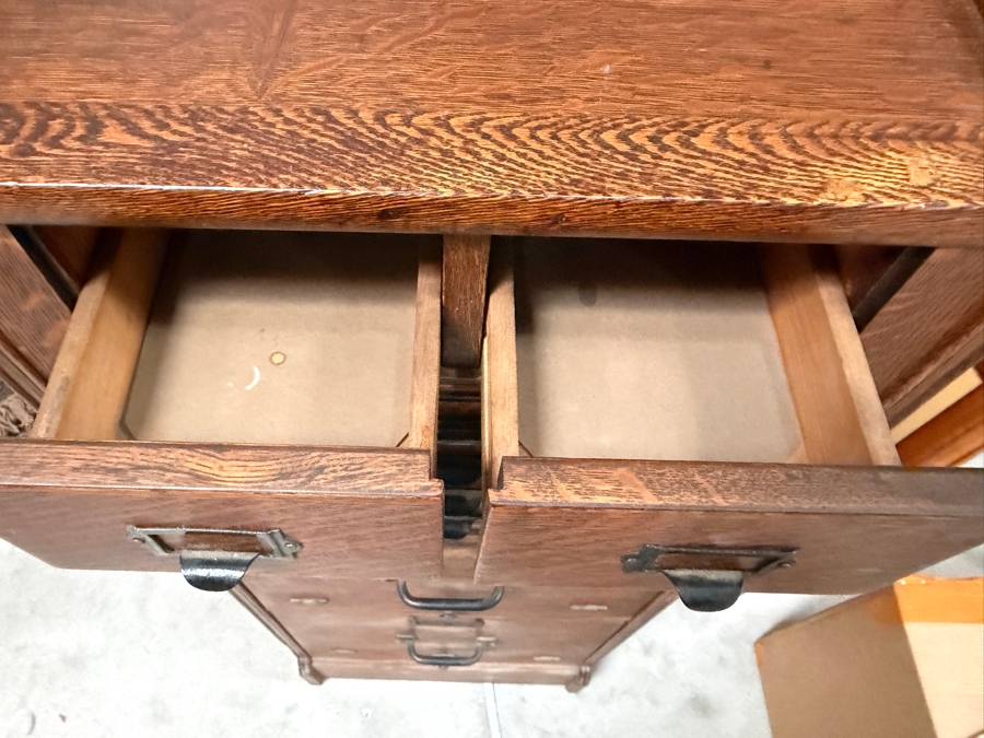 Just Added - Antique Antique Mission Style Tiger Oak Combination Index Document Filing Cabinet 17W X 21D X 45.5H [Photo 4]