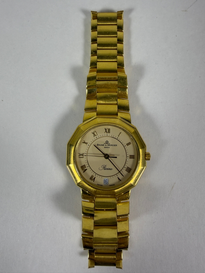 18K Solid Yellow Gold Men's Baume & Mercier Riviera Ref 87012 9 34mm Watch White Roman Numeral Dial Quartz Movement With Box 97.6g Estimate $9,500 to $12,500 [Photo 5]