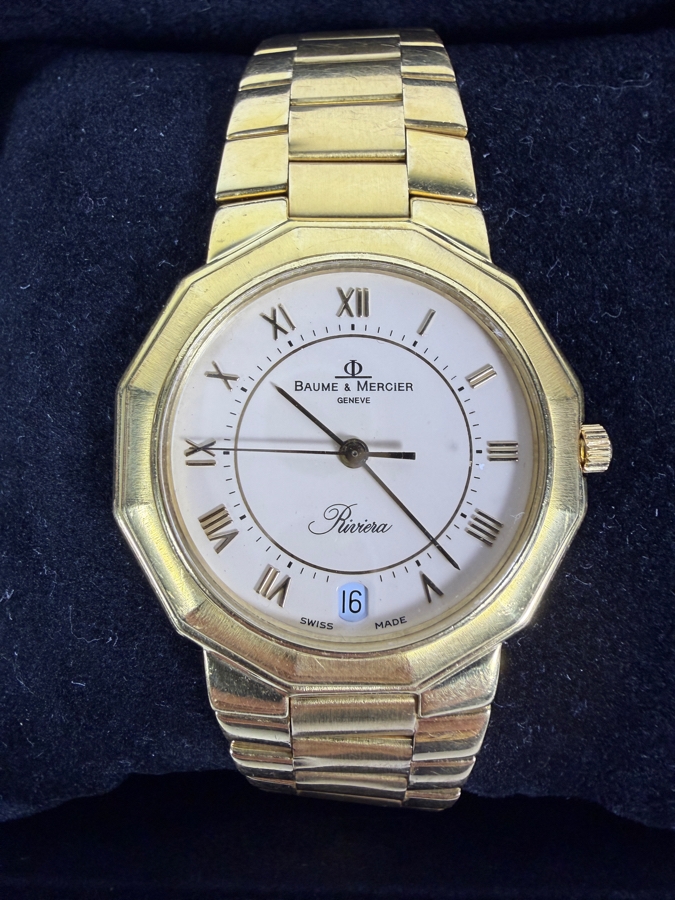 18K Solid Yellow Gold Men's Baume & Mercier Riviera Ref 87012 9 34mm Watch White Roman Numeral Dial Quartz Movement With Box 97.6g Estimate $9,500 to $12,500 [Photo 3]