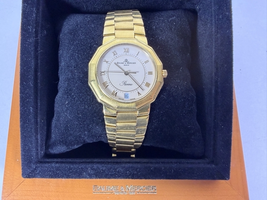 18K Solid Yellow Gold Men's Baume & Mercier Riviera Ref 87012 9 34mm Watch White Roman Numeral Dial Quartz Movement With Box 97.6g Estimate $9,500 to $12,500 [Photo 2]