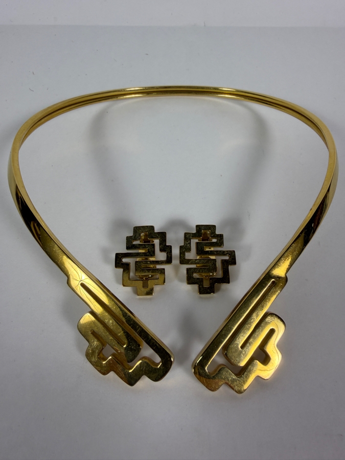 18k Gold Greek Designer Ilias Lalaounis Collar Necklace with Matching Clip-on Earrings 57.0g ($5,515 Gold Melt Value) [Photo 4]