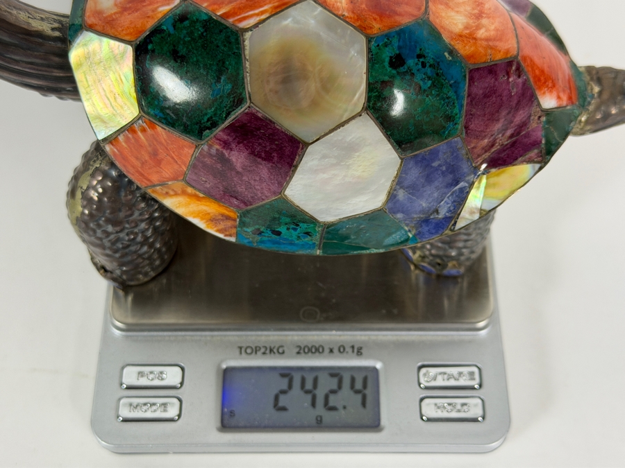 Vintage 'Galapagos' .970 Fine Sterling Silver Turtle Figurine Mosaic Semi-Precious Stones and Shells Inlay 7.5W X 3.5H 242.4g [Photo 11]