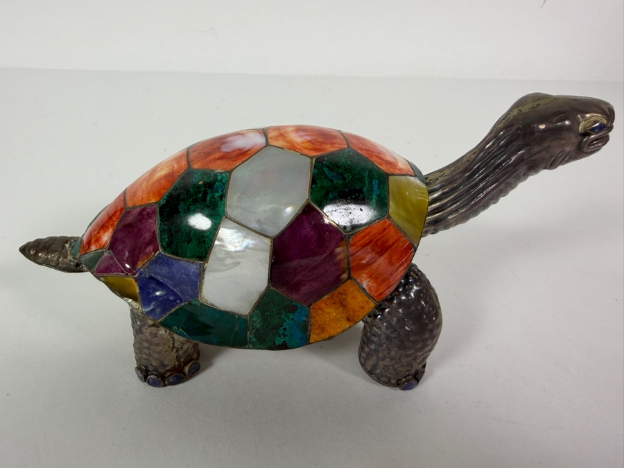 Vintage 'Galapagos' .970 Fine Sterling Silver Turtle Figurine Mosaic Semi-Precious Stones and Shells Inlay 7.5W X 3.5H 242.4g [Photo 2]