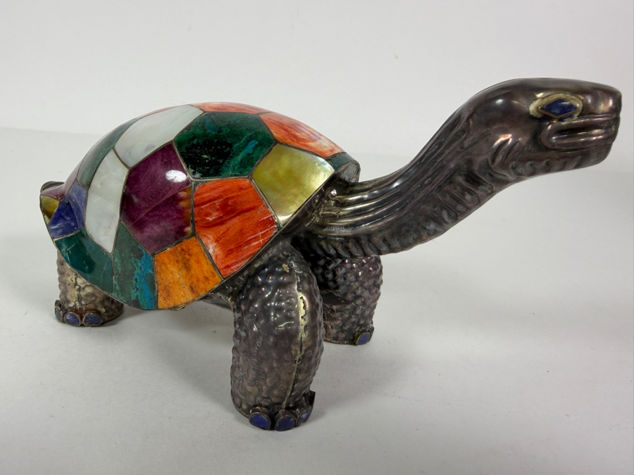 Vintage 'Galapagos' .970 Fine Sterling Silver Turtle Figurine Mosaic Semi-Precious Stones and Shells Inlay 7.5W X 3.5H 242.4g [Photo 3]