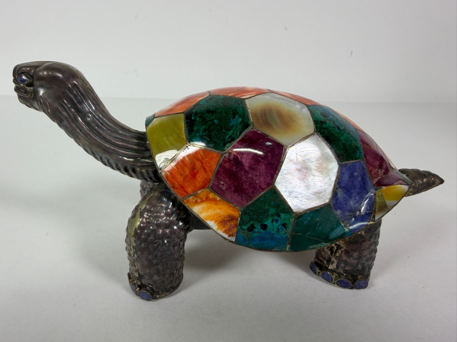 Vintage 'Galapagos' .970 Fine Sterling Silver Turtle Figurine Mosaic Semi-Precious Stones and Shells Inlay 7.5W X 3.5H 242.4g [Photo 4]