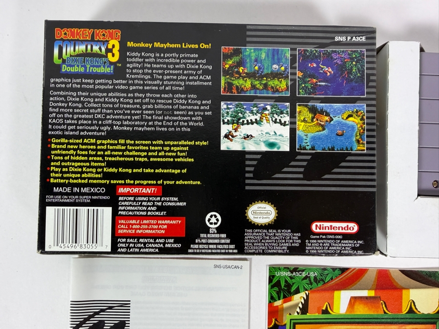 Donkey Kong Country 3 Dixie Kong's Double Trouble Super Nintendo SNES Complete In Box CIB With Inserts Estimate $120 - $170 [Photo 4]