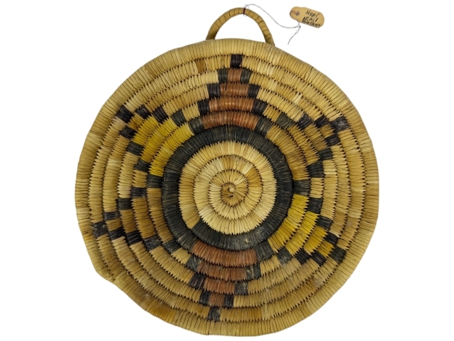Native American Hopi Second Mesa Polychrome Coiled Basketry Plaque Geometric Pattern With Yucca And Galleta Grass 6.5W