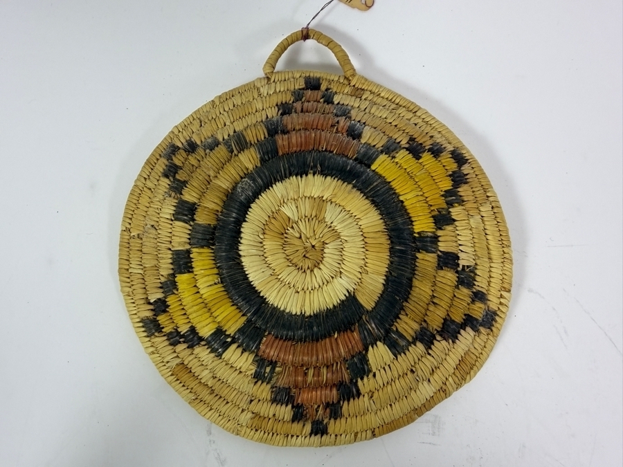 Native American Hopi Second Mesa Polychrome Coiled Basketry Plaque Geometric Pattern With Yucca And Galleta Grass 6.5W [Photo 4]