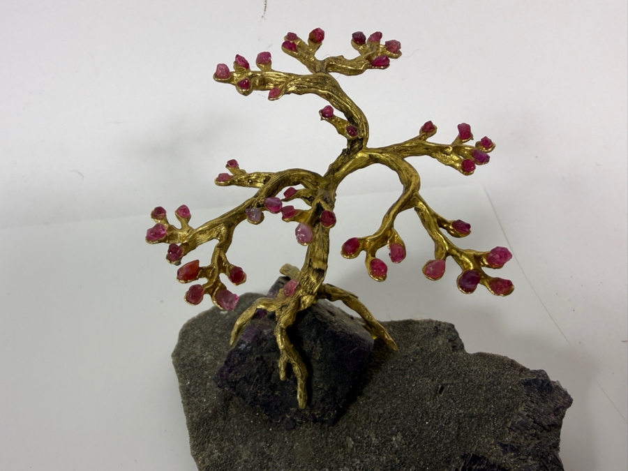 Gilt Metal Bonsai Gem Tree With Pink Tourmaline Crystal Flowers Matrix Base With Large Dark Purple Fluorite Crystal Cube 4H [Photo 2]