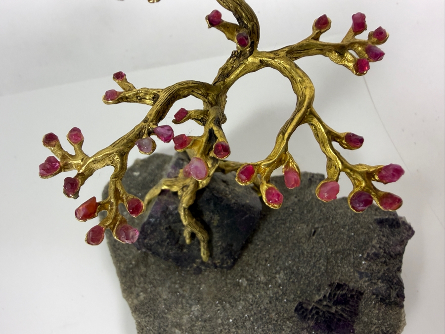 Gilt Metal Bonsai Gem Tree With Pink Tourmaline Crystal Flowers Matrix Base With Large Dark Purple Fluorite Crystal Cube 4H [Photo 3]