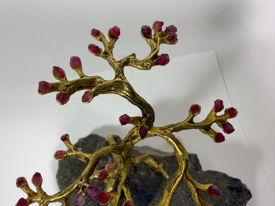 Gilt Metal Bonsai Gem Tree With Pink Tourmaline Crystal Flowers Matrix Base With Large Dark Purple Fluorite Crystal Cube 4H [Photo 4]